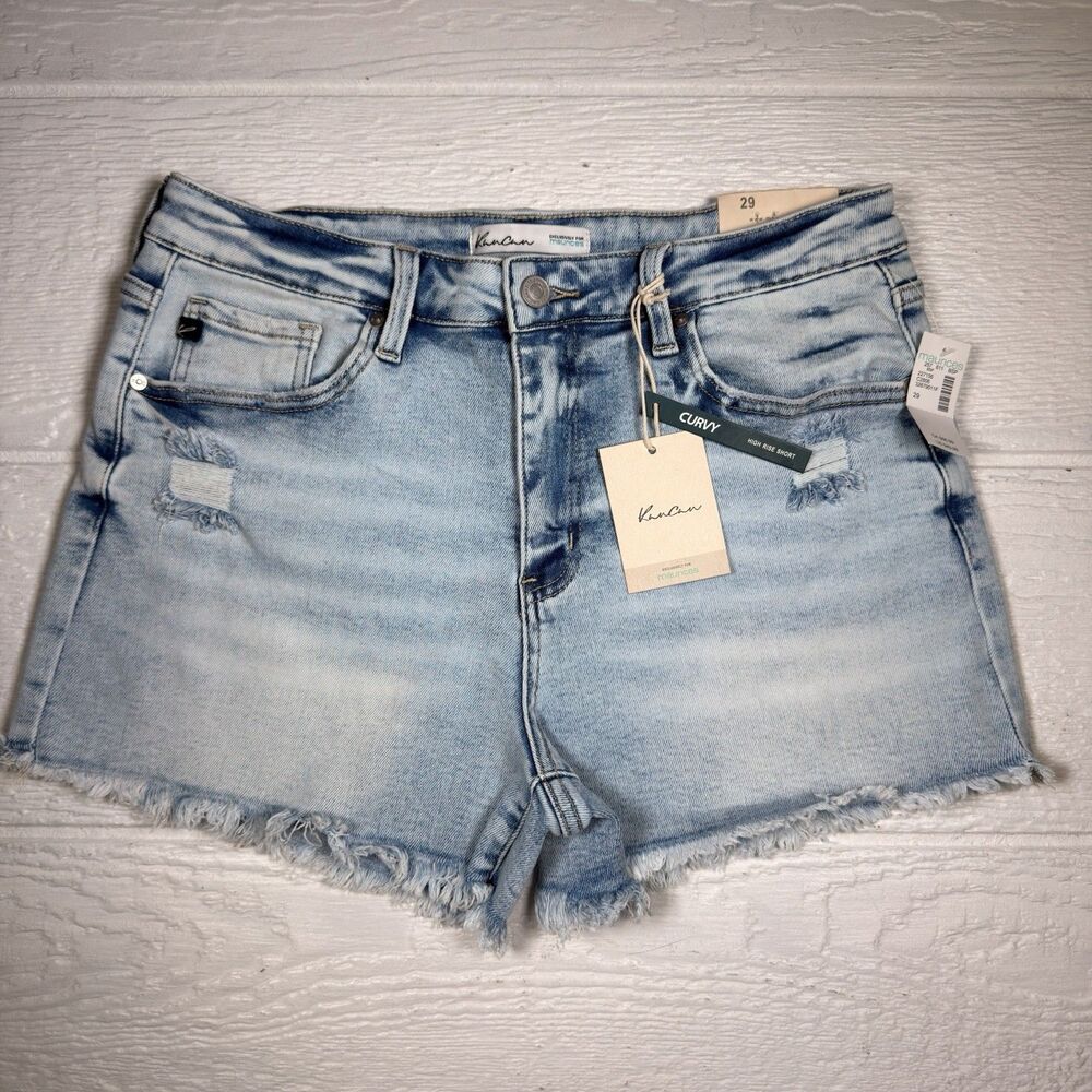 KanCan Maurices Curvy High Rise Denim Shorts 29 Light Wash Distressed Frayed NWT